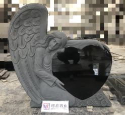 Indian Black Absolute Black Granite Carved Angel Heart Headstone